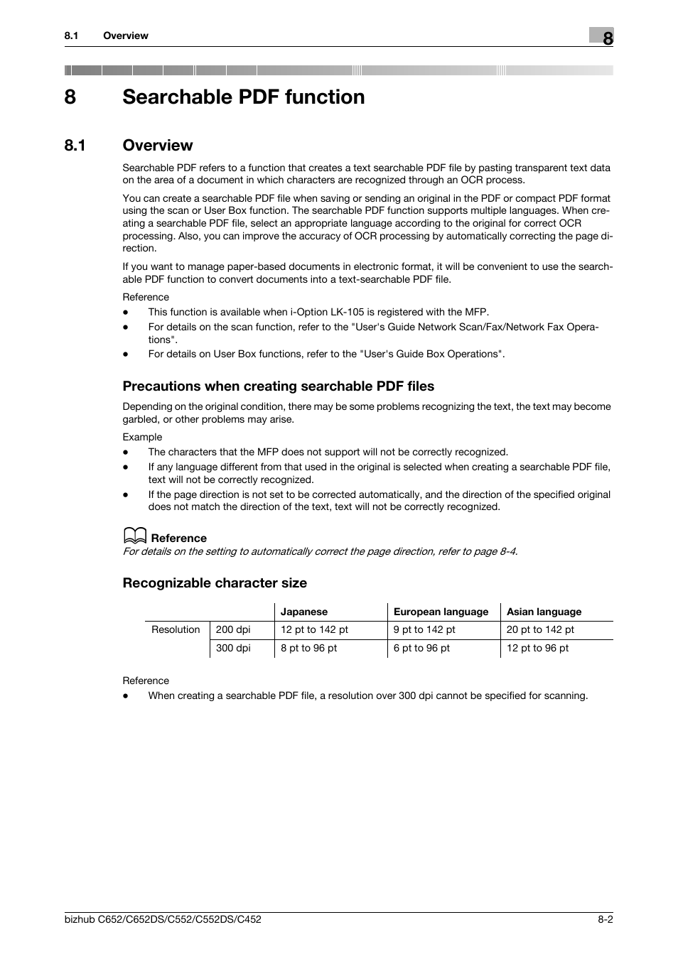 8 searchable pdf function, 1 overview, Precautions when creating searchable pdf files | Recognizable character size, Searchable pdf function, P. 8-2, 8searchable pdf function | Konica Minolta BIZHUB C652DS User Manual | Page 82 / 110