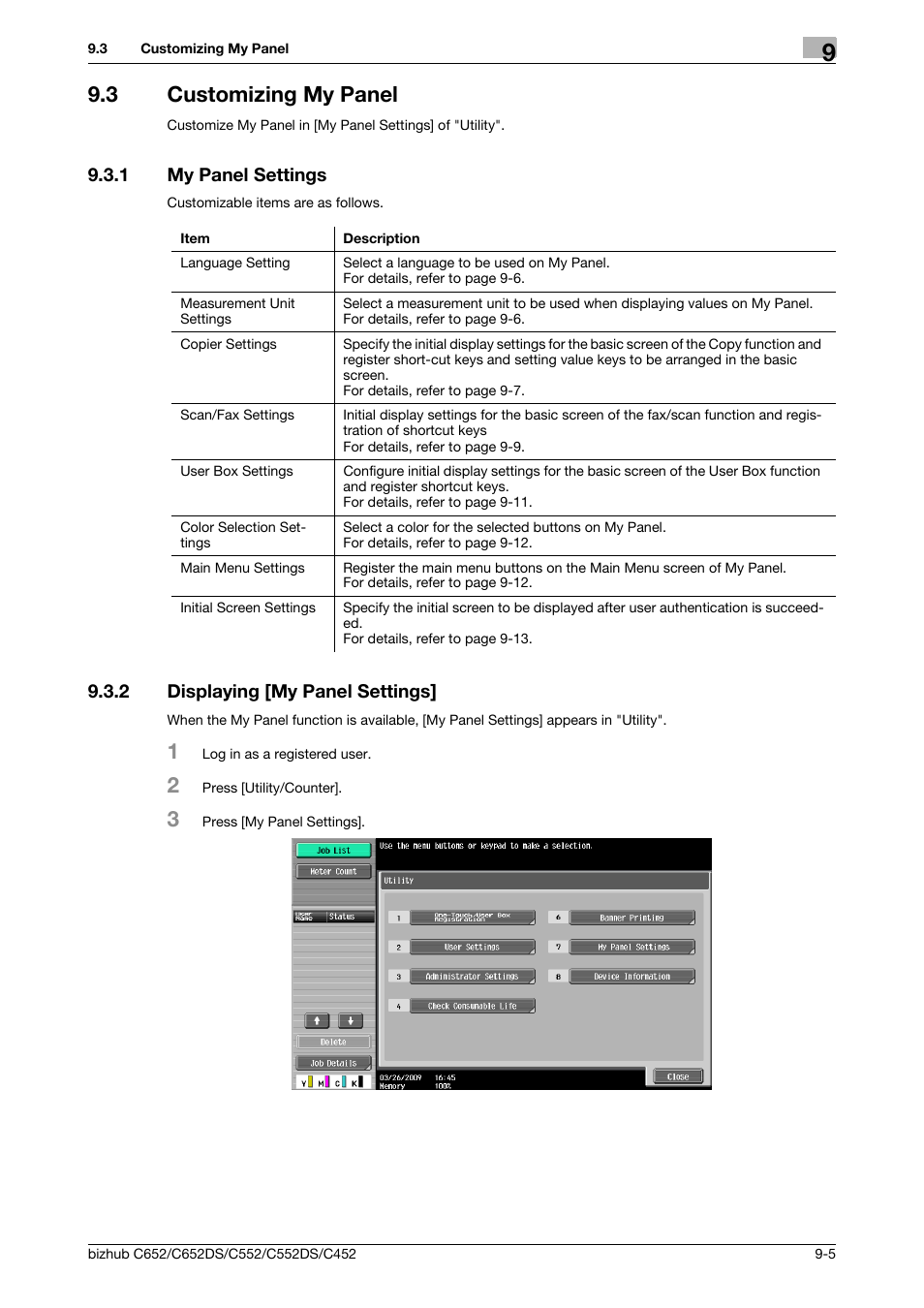 3 customizing my panel, 1 my panel settings, 2 displaying [my panel settings | Customizing my panel -5, My panel settings -5, Displaying [my panel settings] -5 | Konica Minolta BIZHUB C652DS User Manual | Page 89 / 110