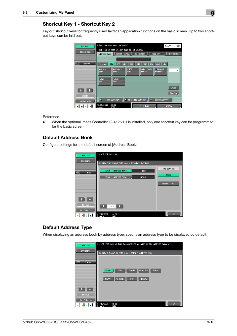 Shortcut key 1 - shortcut key 2, Default address book, Default address type | Konica Minolta BIZHUB C652DS User Manual | Page 94 / 110