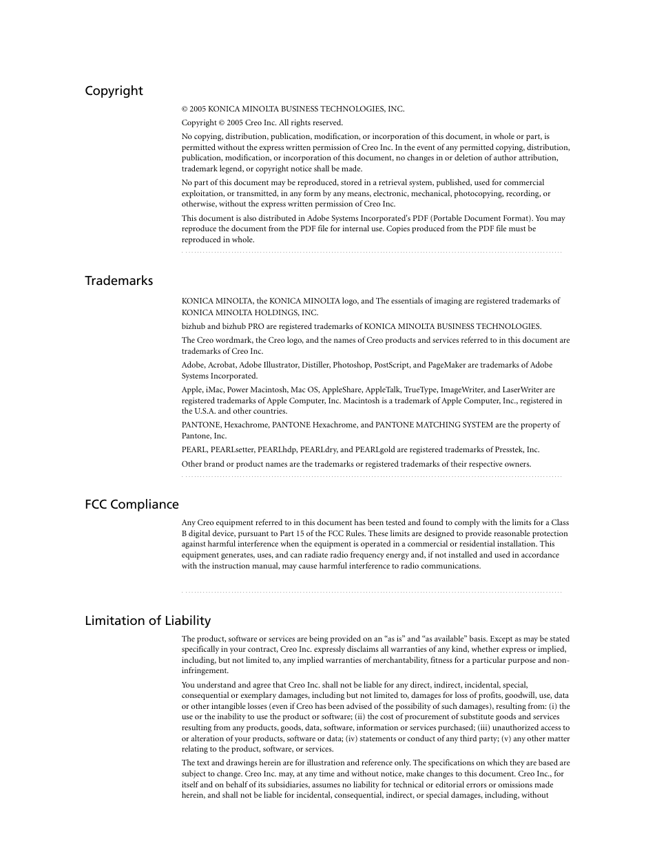 Copyright, Trademarks, Fcc compliance | Limitation of liability | Konica Minolta bizhub PRO C500 User Manual | Page 3 / 38