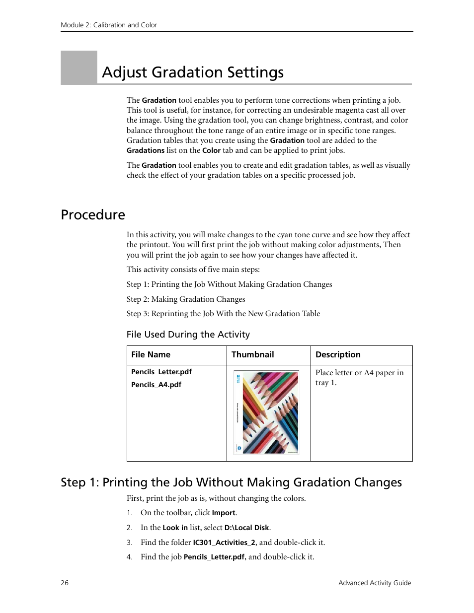 Adjust gradation settings, Procedure, Activity 3: adjust gradation settings | Konica Minolta bizhub PRO C500 User Manual | Page 32 / 38