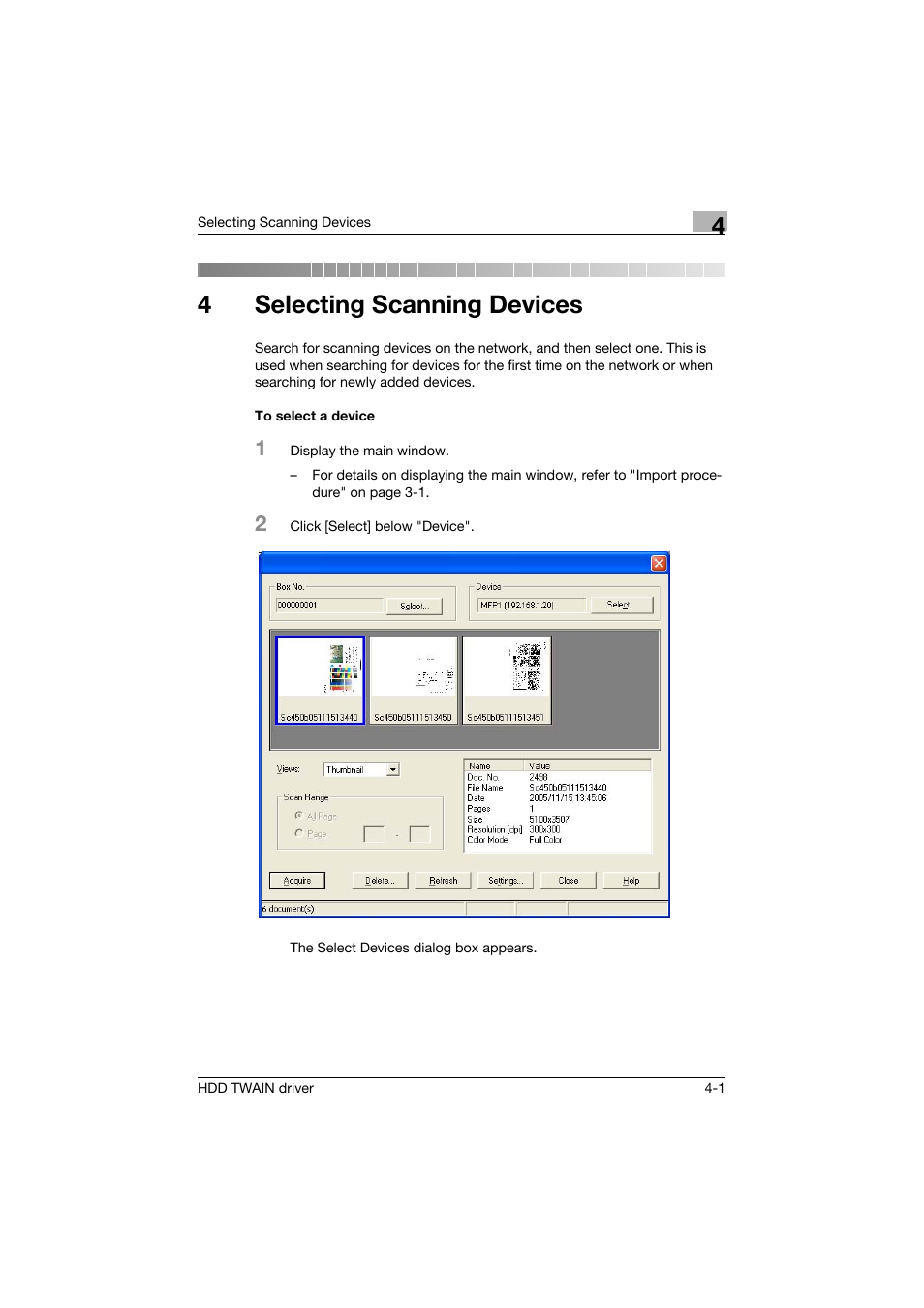 4 selecting scanning devices, To select a device, Selecting scanning devices | To select a device -1, 4selecting scanning devices | Konica Minolta bizhub PRO 1200P User Manual | Page 22 / 31