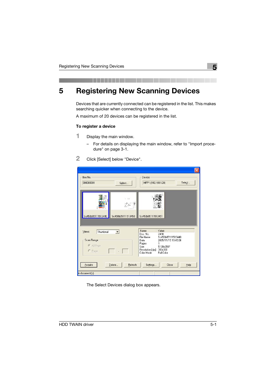 5 registering new scanning devices, To register a device, Registering new scanning devices | To register a device -1, 5registering new scanning devices | Konica Minolta bizhub PRO 1200P User Manual | Page 24 / 31