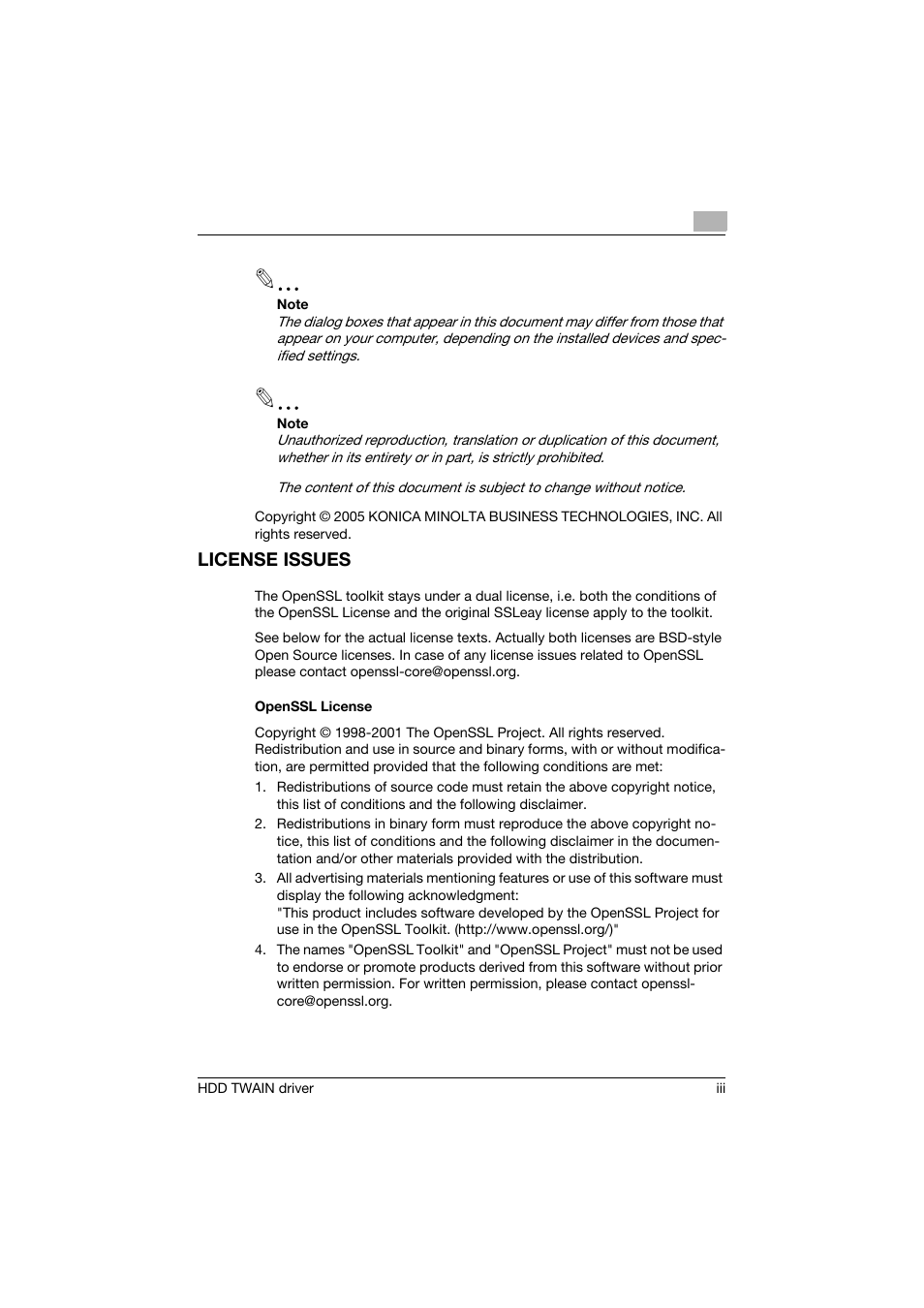 License issues | Konica Minolta bizhub PRO 1200P User Manual | Page 4 / 31