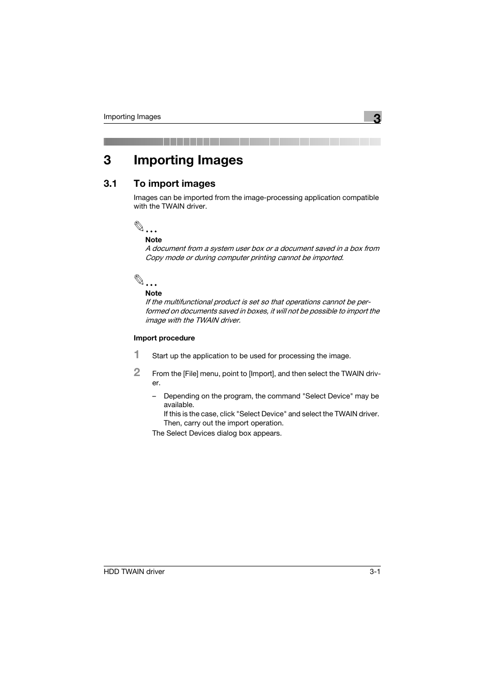 3 importing images, 1 to import images, Import procedure | Importing images, To import images -1, Import procedure -1, 3importing images | Konica Minolta bizhub PRO 1200P User Manual | Page 9 / 31