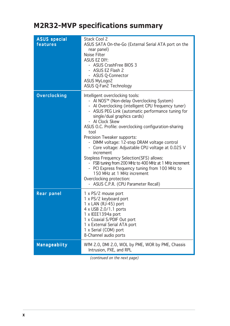 M2r32-mvp specifications summary | Asus M2R32-MVP User Manual | Page 10 / 60