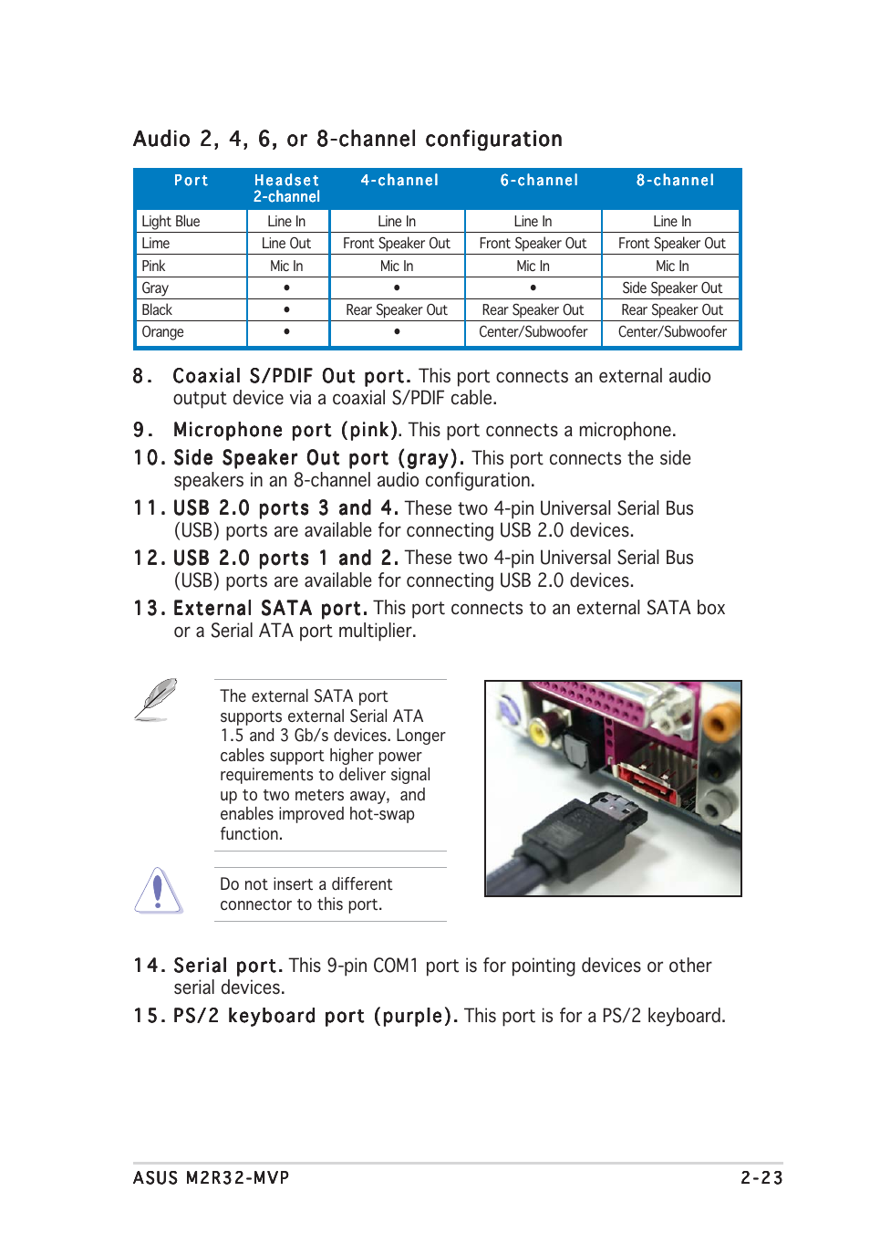 Audio 2, 4, 6, or 8-channel configuration | Asus M2R32-MVP User Manual | Page 45 / 60