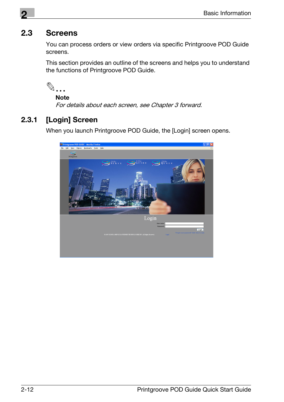 3 screens, Screens -12, Login] screen -12 | Konica Minolta Printgroove User Manual | Page 27 / 114