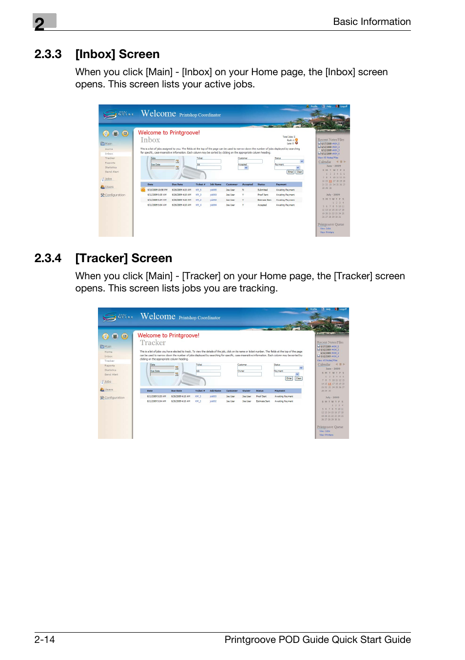 Inbox] screen -14, Tracker] screen -14 | Konica Minolta Printgroove User Manual | Page 29 / 114