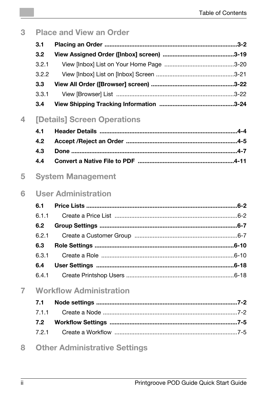 3place and view an order, 4[details] screen operations, 5system management 6 user administration | 7workflow administration, 8other administrative settings | Konica Minolta Printgroove User Manual | Page 3 / 114