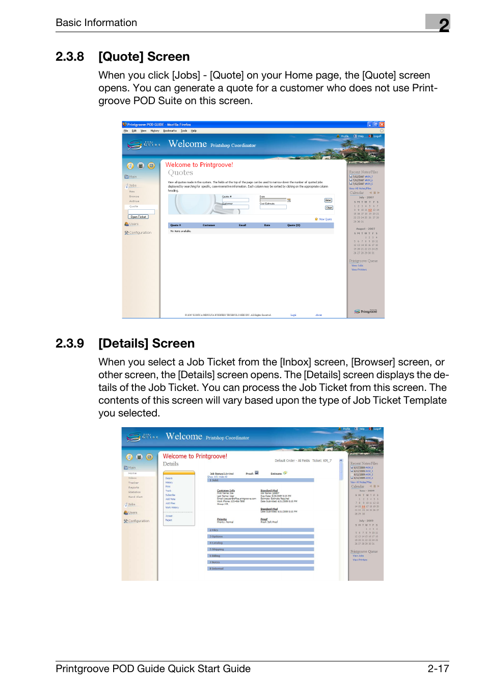Quote] screen -17, Details] screen -17 | Konica Minolta Printgroove User Manual | Page 32 / 114
