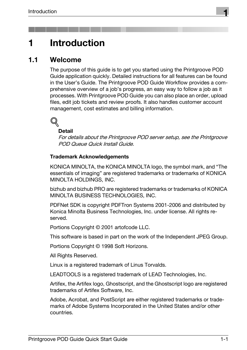 1 introduction, 1 welcome, Introduction | Welcome -1, 1introduction | Konica Minolta Printgroove User Manual | Page 4 / 114