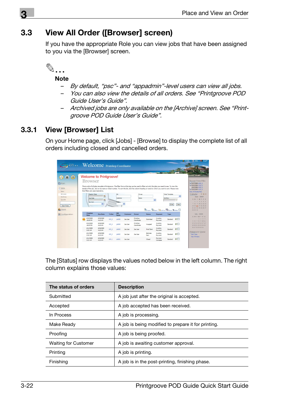 3 view all order ([browser] screen), View all order ([browser] screen) -22, View [browser] list -22 | 1 view [browser] list | Konica Minolta Printgroove User Manual | Page 57 / 114