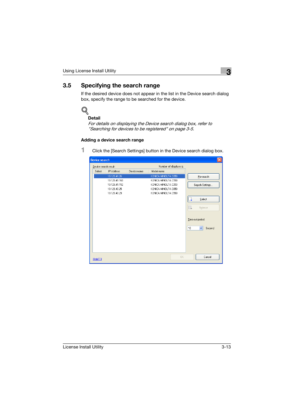 5 specifying the search range, Adding a device search range, Specifying the search range -13 | Adding a device search range -13 | Konica Minolta bizhub C754 User Manual | Page 21 / 42