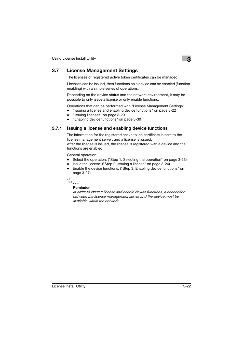 7 license management settings, 1 issuing a license and enabling device functions, License management settings -22 | Konica Minolta bizhub C754 User Manual | Page 30 / 42