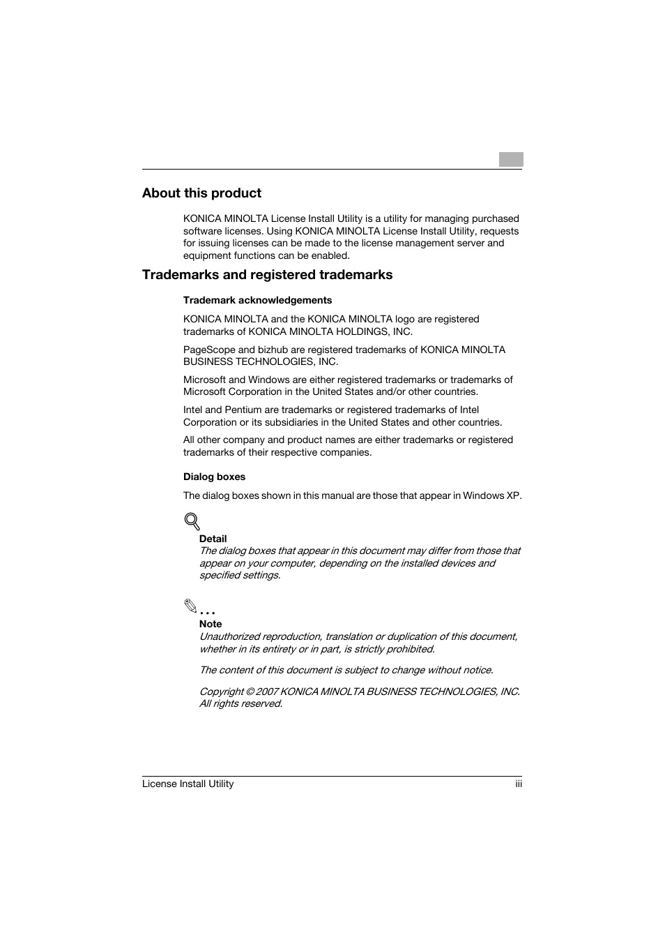 About this product, Trademarks and registered trademarks, Trademark acknowledgements | Dialog boxes | Konica Minolta bizhub C754 User Manual | Page 4 / 42