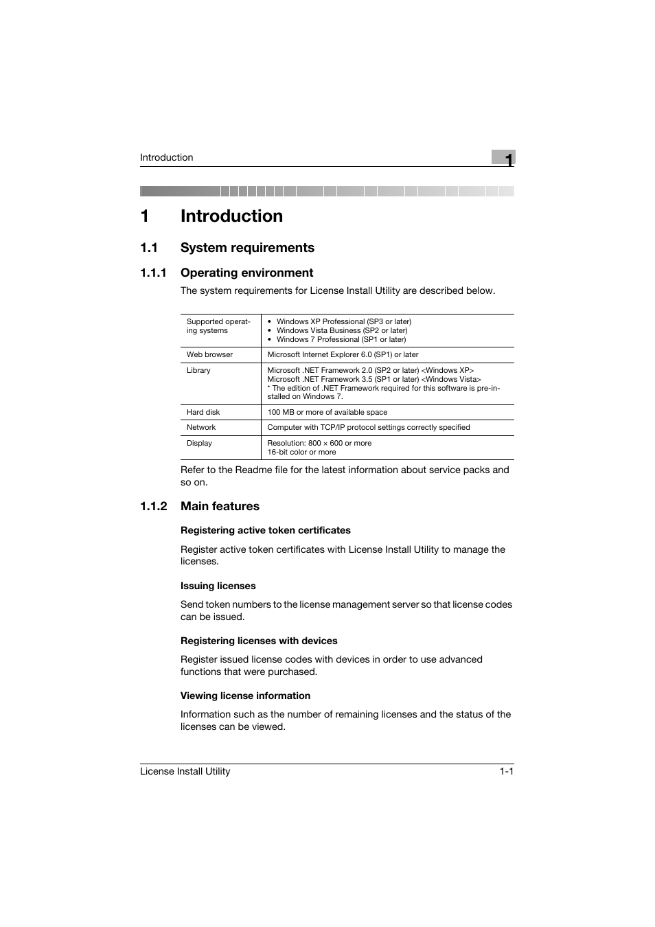 1 introduction, 1 system requirements, 1 operating environment | 2 main features, Registering active token certificates, Issuing licenses, Registering licenses with devices, Viewing license information, Introduction, System requirements -1 | Konica Minolta bizhub C754 User Manual | Page 5 / 42