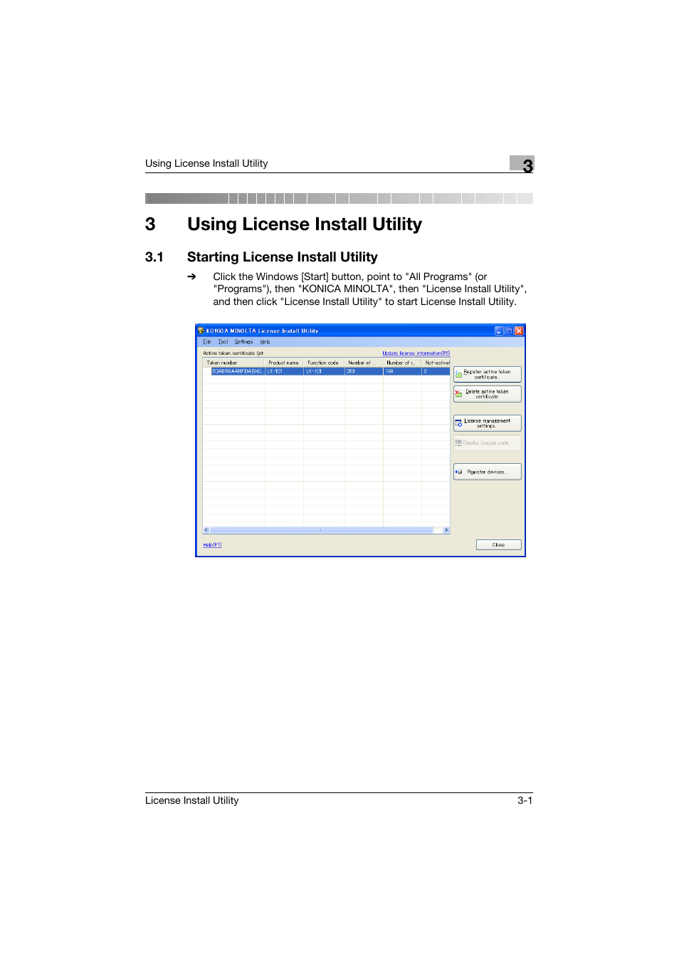 3 using license install utility, 1 starting license install utility, Using license install utility | Starting license install utility -1, 3using license install utility | Konica Minolta bizhub C754 User Manual | Page 9 / 42