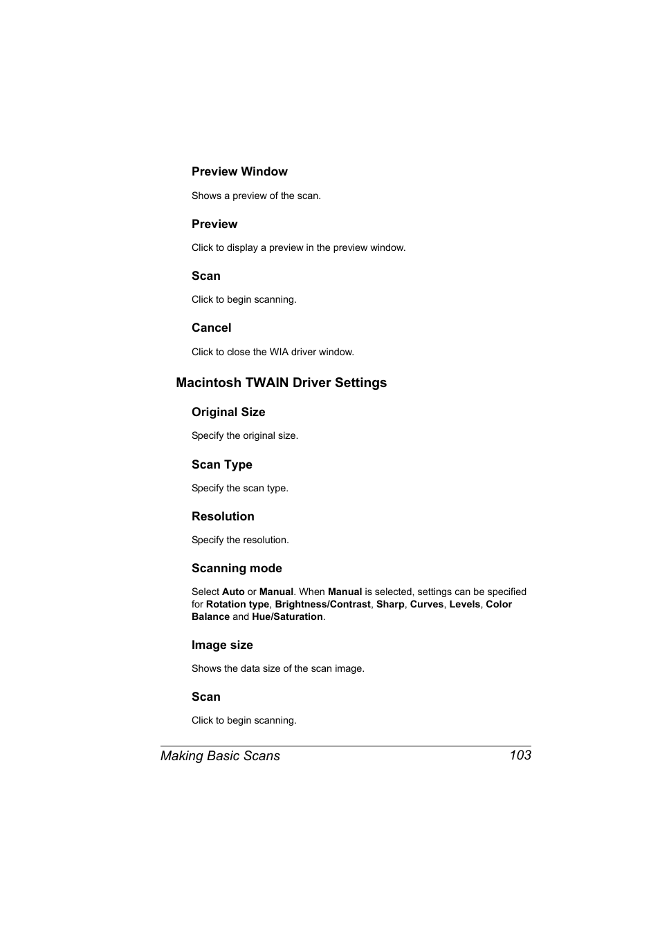 Preview window, Preview, Scan | Cancel, Macintosh twain driver settings, Original size, Scan type, Resolution, Scanning mode, Image size | Konica Minolta bizhub C10X User Manual | Page 117 / 236