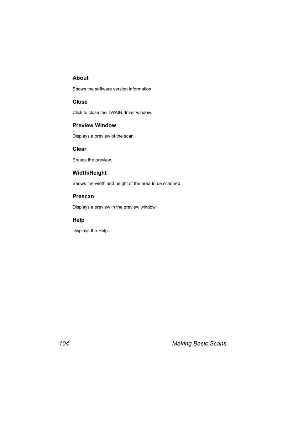 About, Close, Preview window | Clear, Width/height, Prescan, Help | Konica Minolta bizhub C10X User Manual | Page 118 / 236