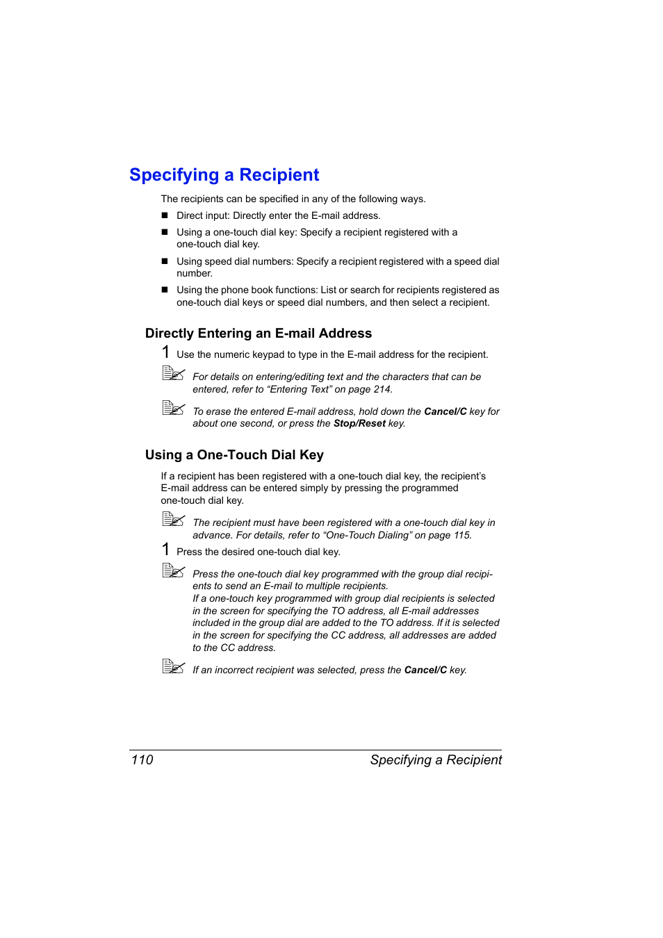 Specifying a recipient, Directly entering an e-mail address, Using a one-touch dial key | Specifying a recipient 110 | Konica Minolta bizhub C10X User Manual | Page 124 / 236