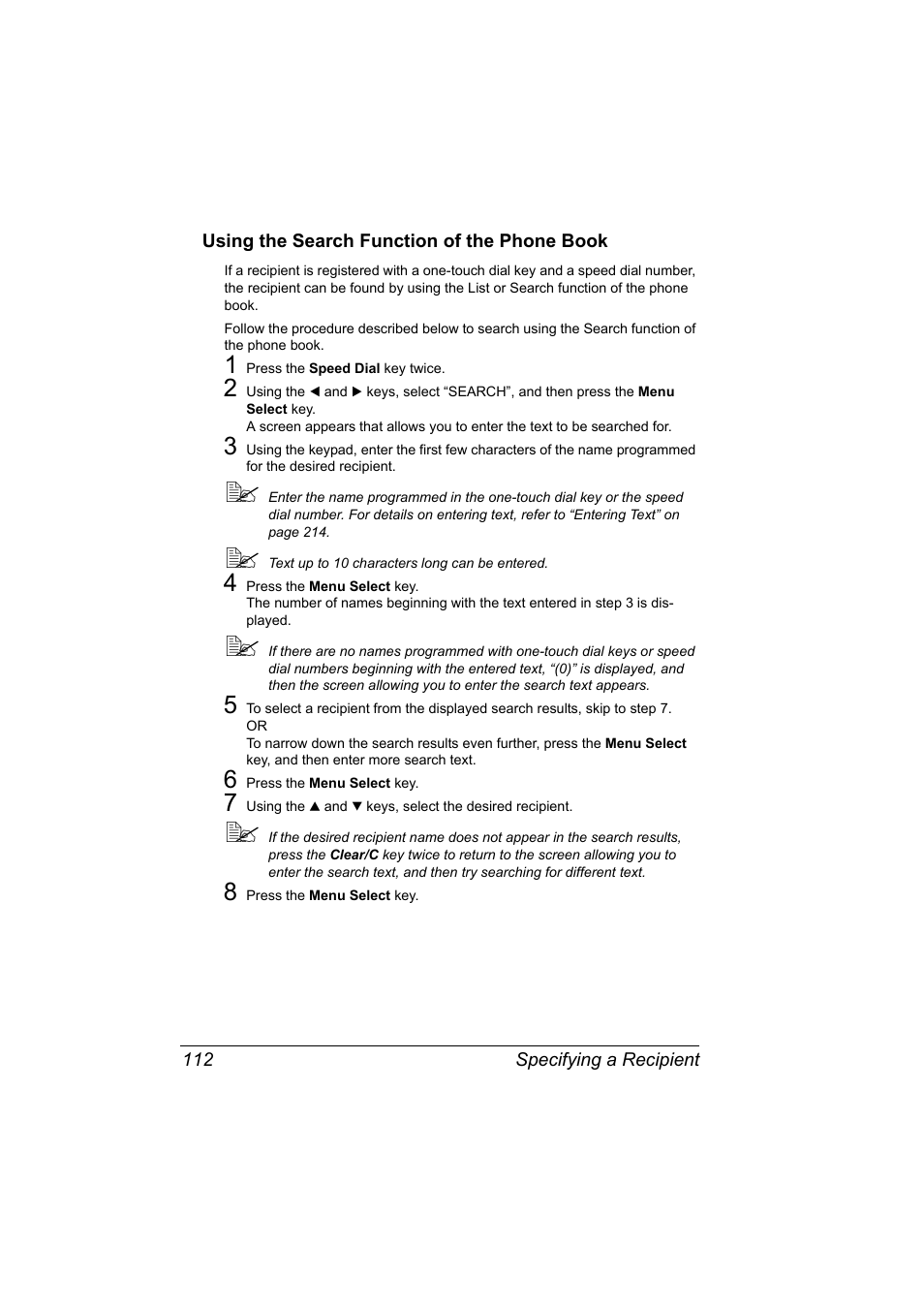 Using the search function of the phone book, Using the search function of the phone book 112 | Konica Minolta bizhub C10X User Manual | Page 126 / 236