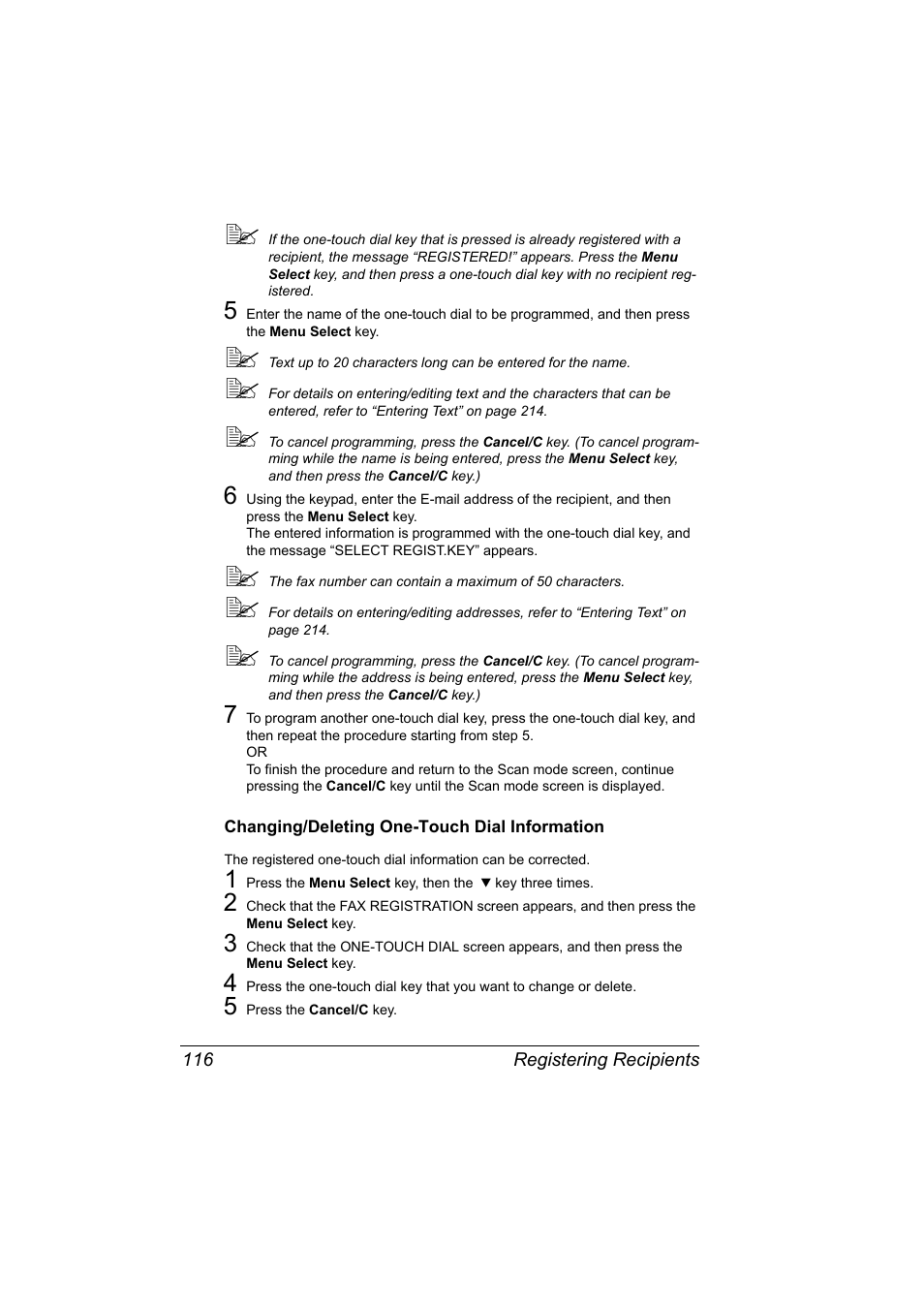 Changing/deleting one-touch dial information, Changing/deleting one-touch dial information 116 | Konica Minolta bizhub C10X User Manual | Page 130 / 236