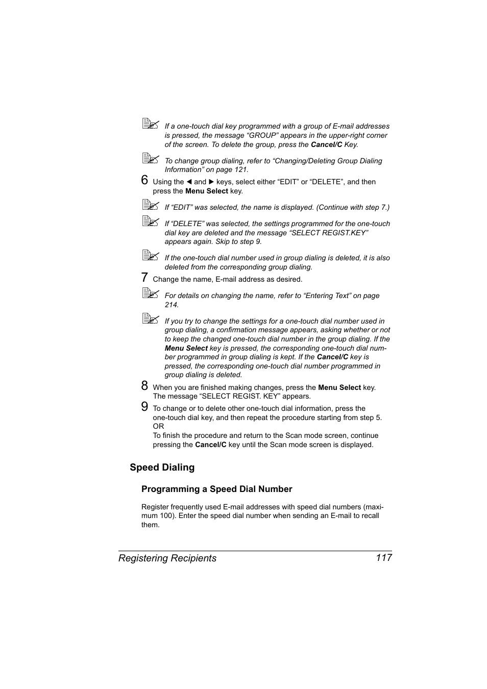 Speed dialing, Programming a speed dial number, Speed dialing 117 | Programming a speed dial number 117 | Konica Minolta bizhub C10X User Manual | Page 131 / 236