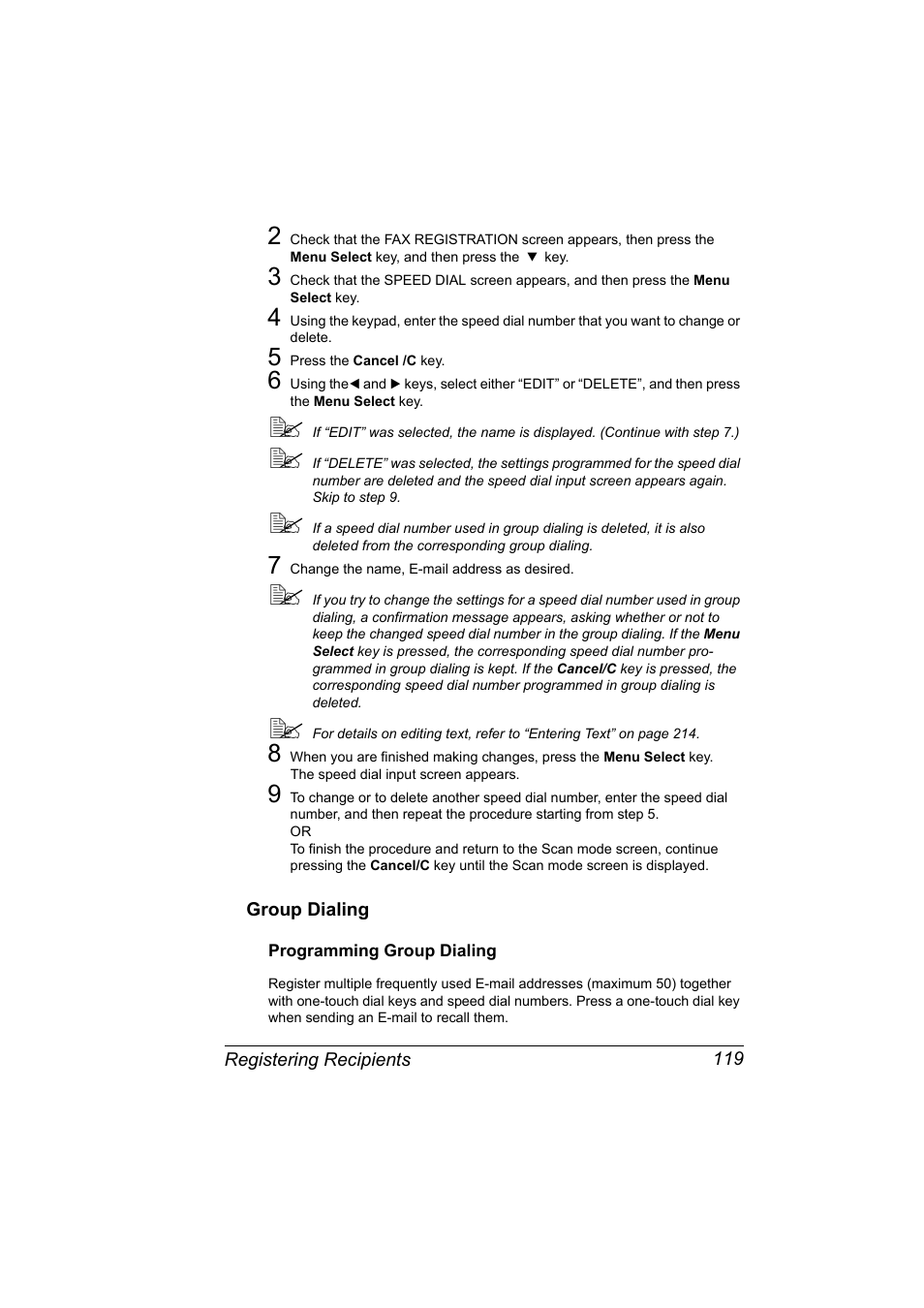 Group dialing, Programming group dialing, Group dialing 119 | Programming group dialing 119 | Konica Minolta bizhub C10X User Manual | Page 133 / 236