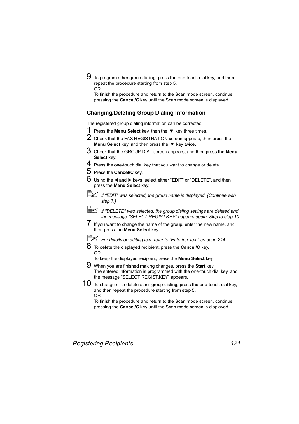 Changing/deleting group dialing information, Changing/deleting group dialing information 121 | Konica Minolta bizhub C10X User Manual | Page 135 / 236