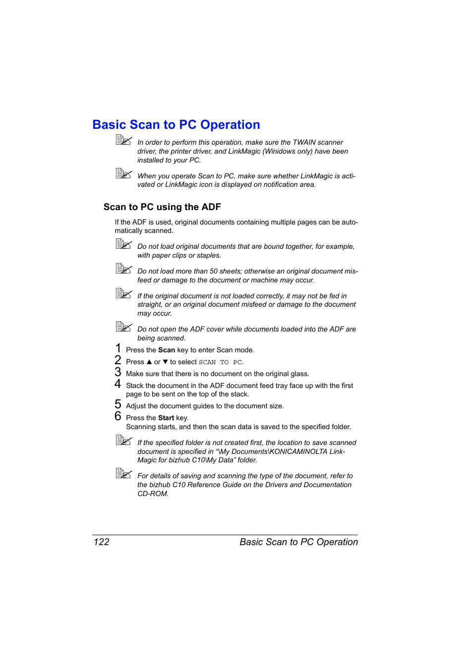 Basic scan to pc operation, Scan to pc using the adf, Basic scan to pc operation 122 | Scan to pc using the adf 122 | Konica Minolta bizhub C10X User Manual | Page 136 / 236