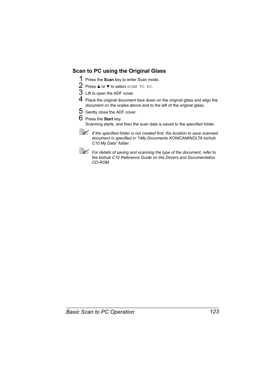 Scan to pc using the original glass, Scan to pc using the original glass 123 | Konica Minolta bizhub C10X User Manual | Page 137 / 236