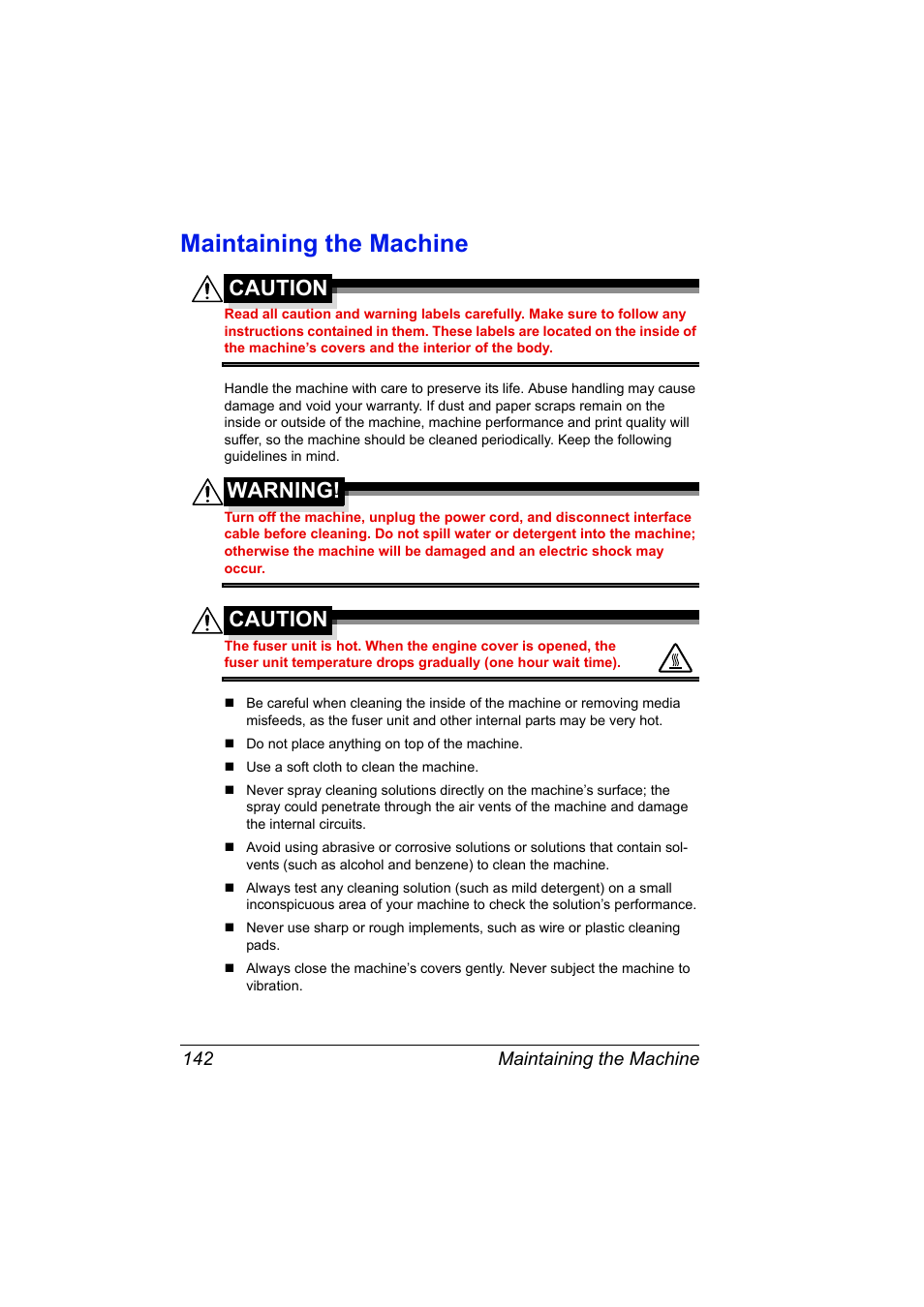 Maintaining the machine, Maintaining the machine 142, Caution | Warning | Konica Minolta bizhub C10X User Manual | Page 156 / 236