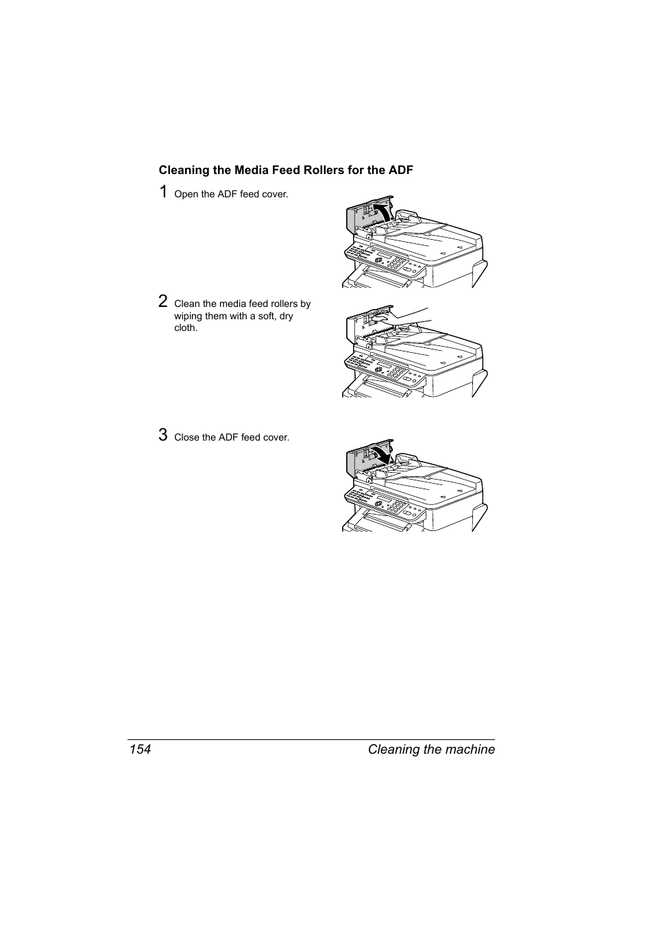 Cleaning the media feed rollers for the adf, Cleaning the media feed rollers for the adf 154 | Konica Minolta bizhub C10X User Manual | Page 168 / 236