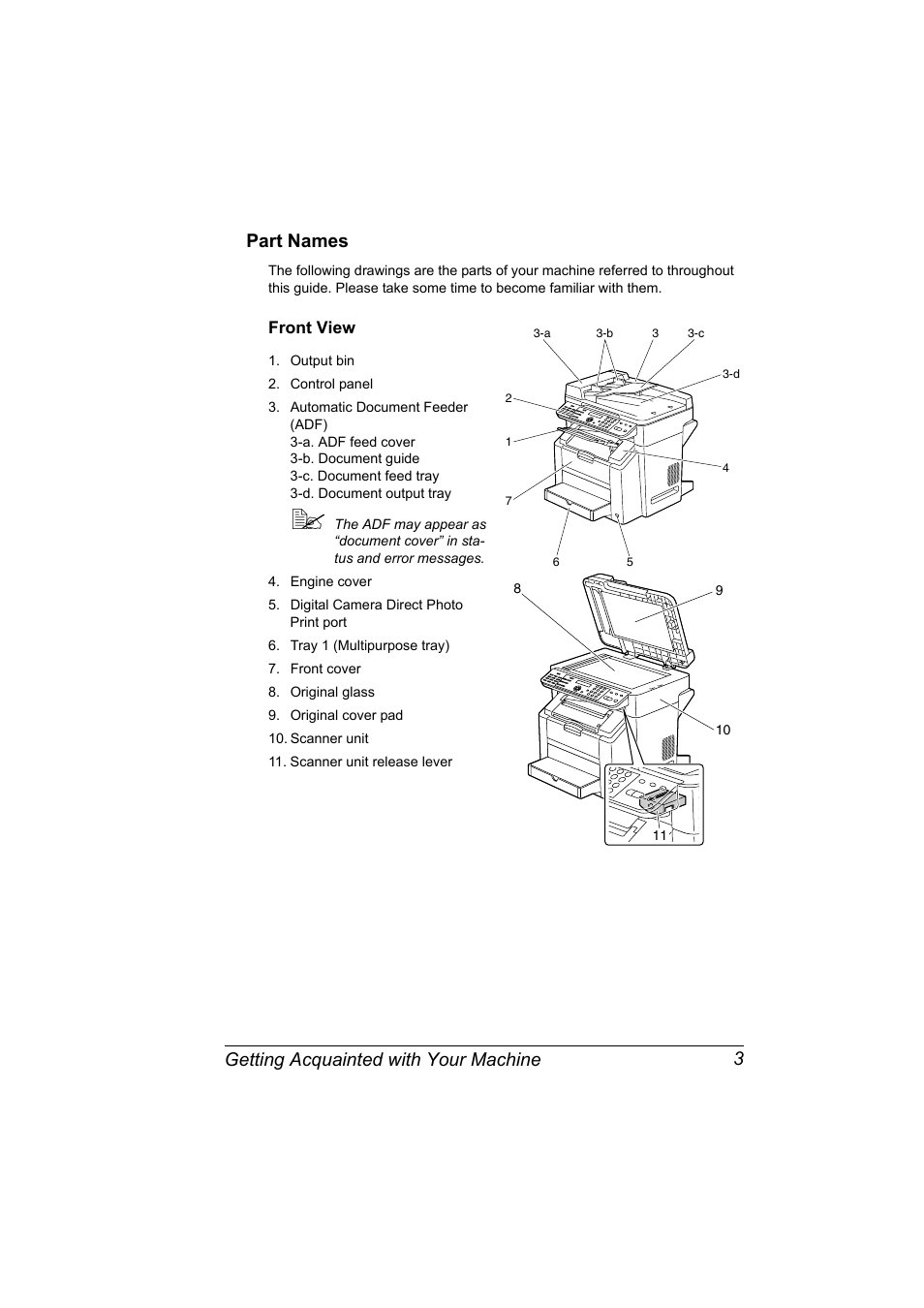 Part names, Front view, Part names 3 | Front view 3, Getting acquainted with your machine 3 part names | Konica Minolta bizhub C10X User Manual | Page 17 / 236