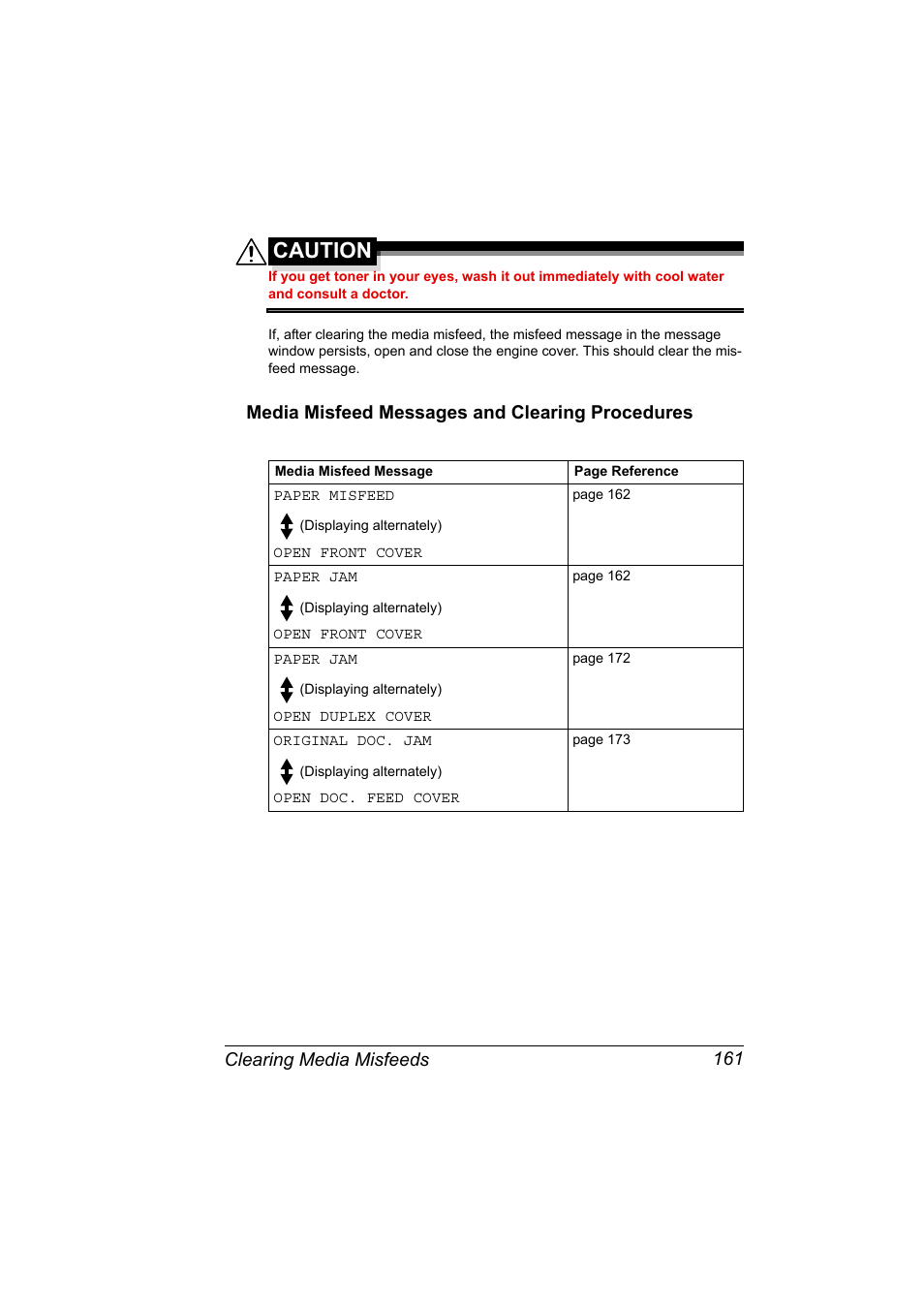 Media misfeed messages and clearing procedures, Media misfeed messages and clearing procedures 161, Caution | Clearing media misfeeds 161 | Konica Minolta bizhub C10X User Manual | Page 175 / 236