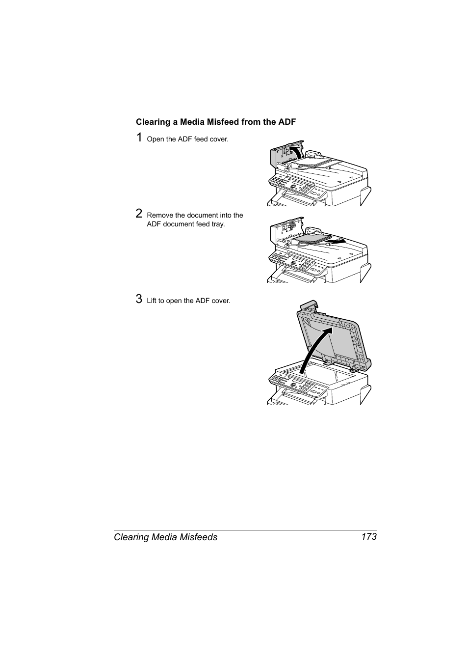 Clearing a media misfeed from the adf, Clearing a media misfeed from the adf 173 | Konica Minolta bizhub C10X User Manual | Page 187 / 236