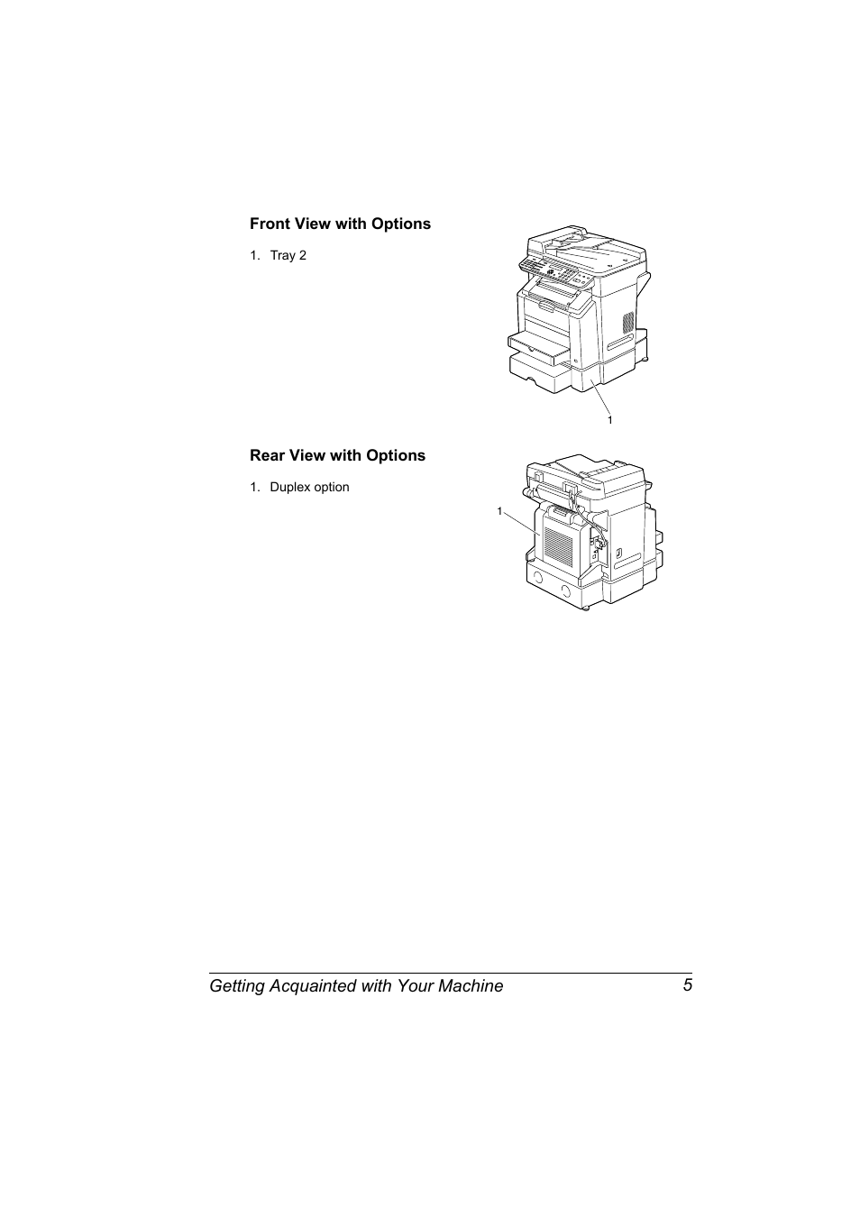 Front view with options, Rear view with options, Front view with options 5 rear view with options 5 | Getting acquainted with your machine 5 | Konica Minolta bizhub C10X User Manual | Page 19 / 236