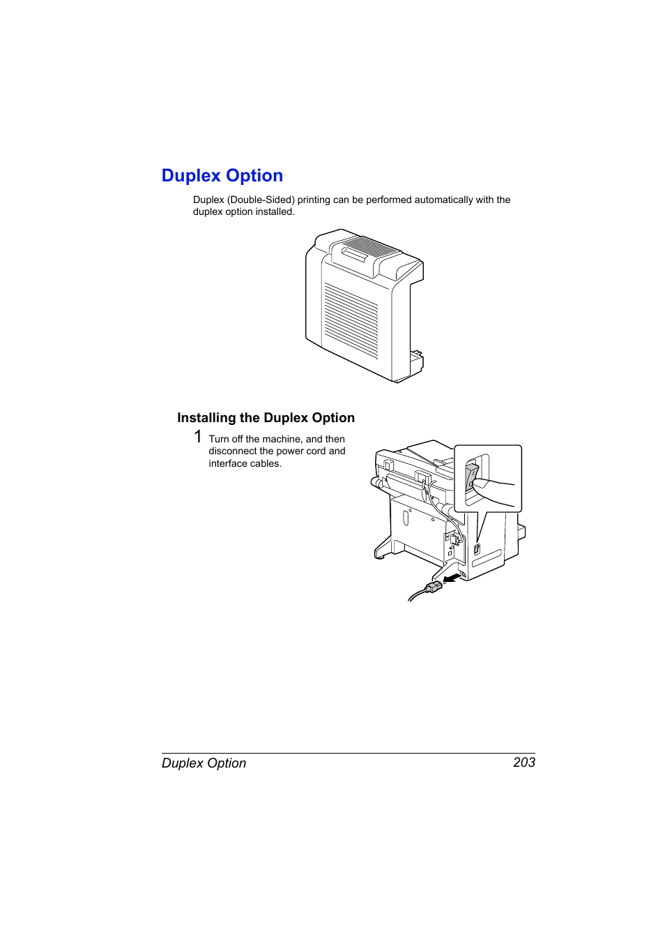 Duplex option, Installing the duplex option, Duplex option 203 | Installing the duplex option 203 | Konica Minolta bizhub C10X User Manual | Page 217 / 236