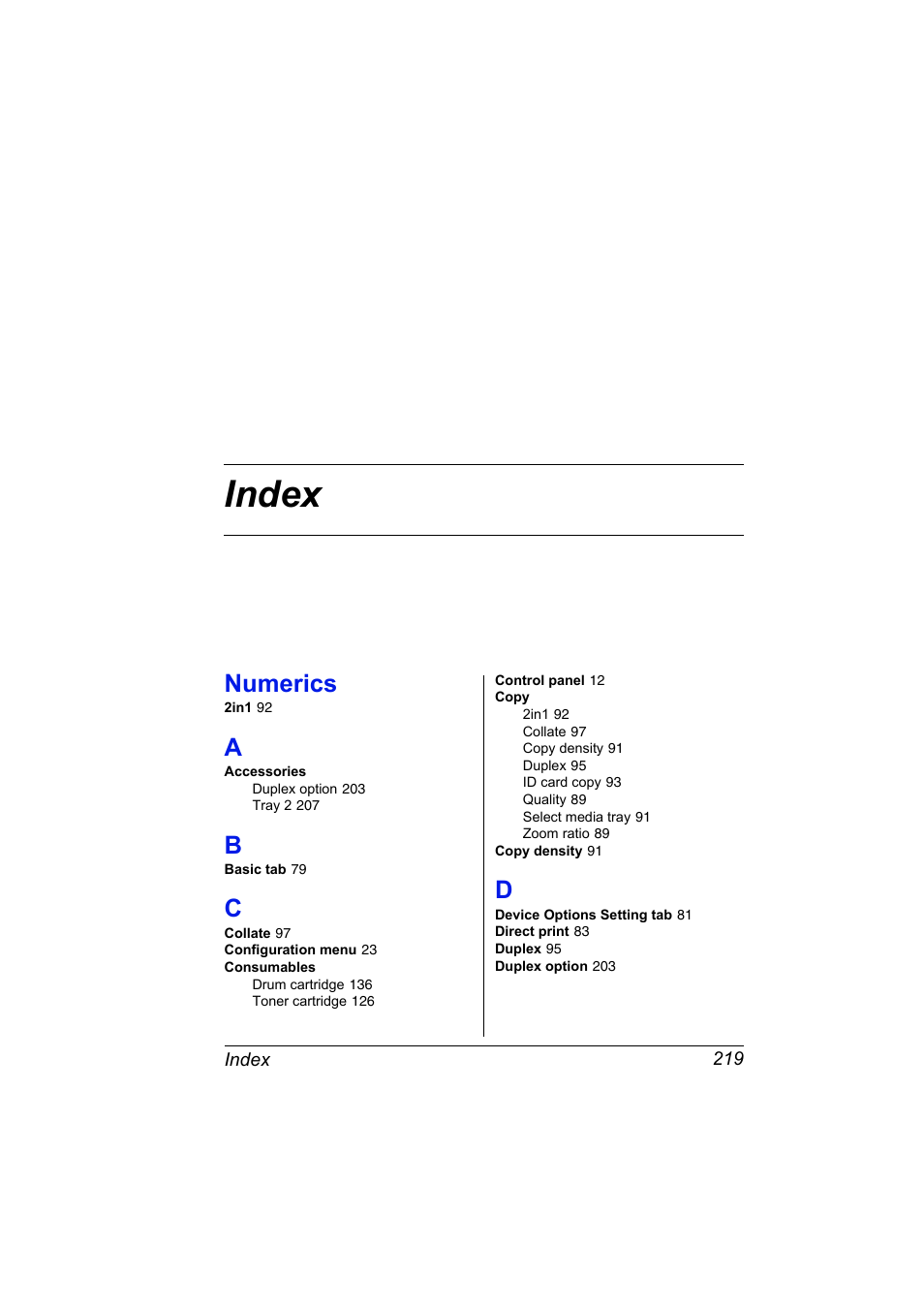 Index, A to d, Index 219 | Numerics | Konica Minolta bizhub C10X User Manual | Page 233 / 236