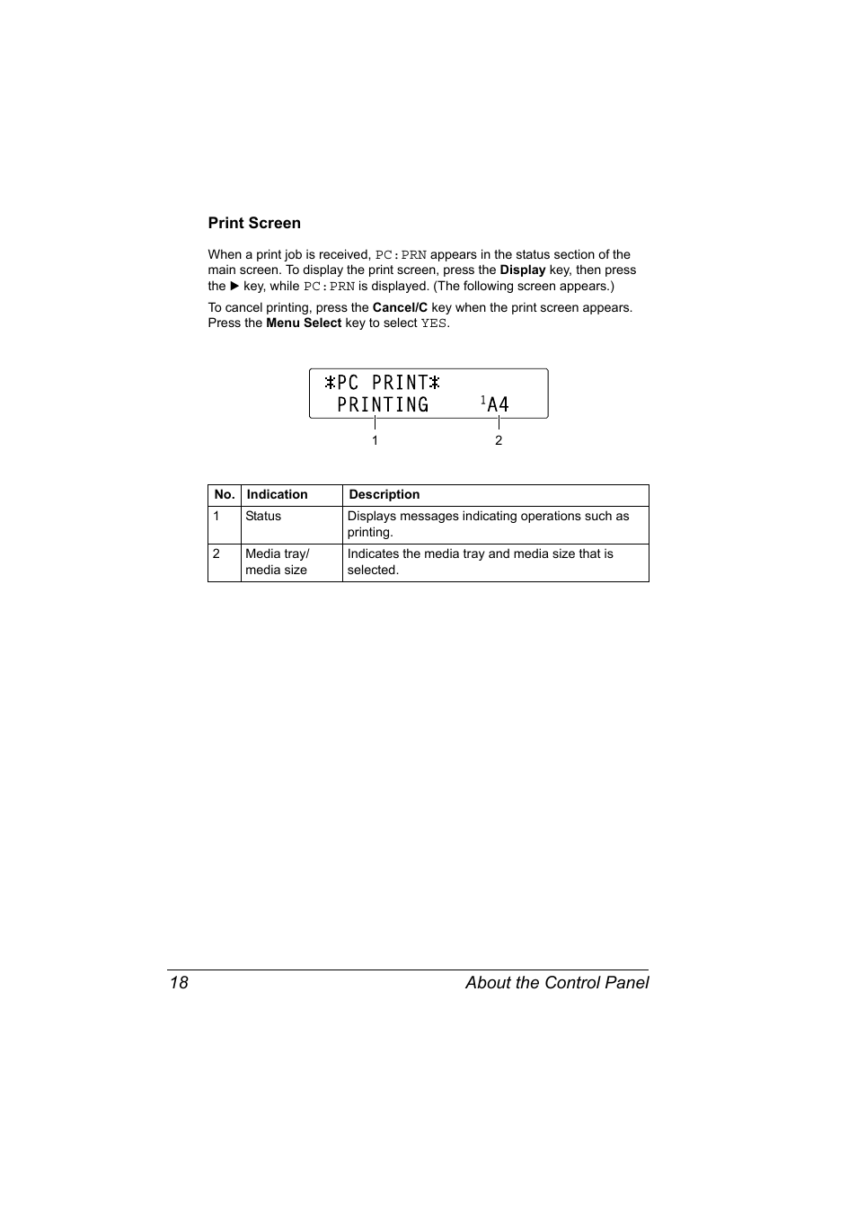 Print screen, Print screen 18, About the control panel 18 | Konica Minolta bizhub C10X User Manual | Page 32 / 236