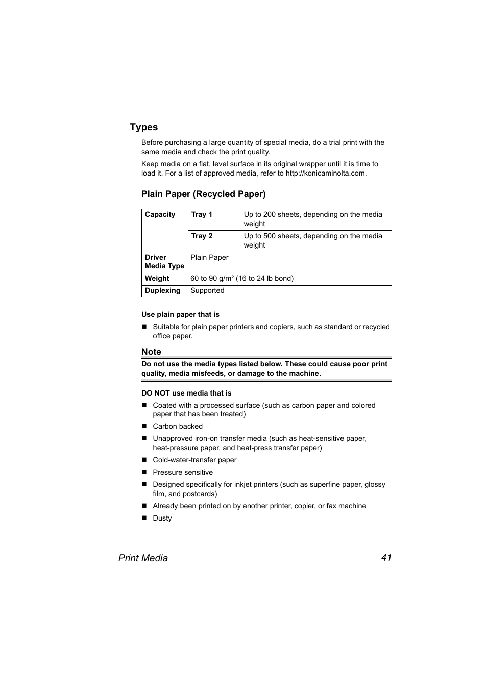 Types, Plain paper (recycled paper), Types 41 | Plain paper (recycled paper) 41, Print media 41 types | Konica Minolta bizhub C10X User Manual | Page 55 / 236