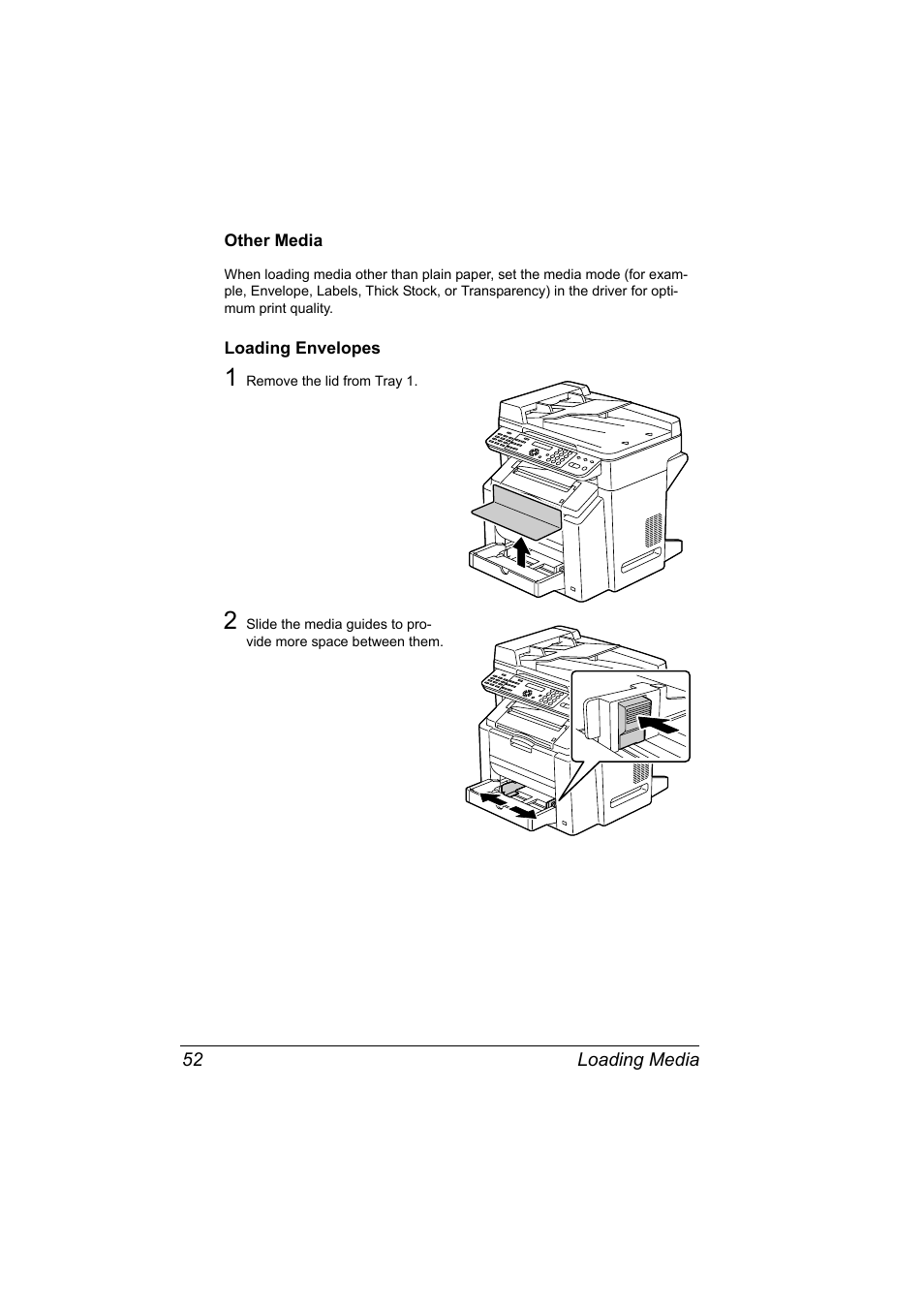 Other media, Loading envelopes, Other media 52 loading envelopes 52 | Konica Minolta bizhub C10X User Manual | Page 66 / 236