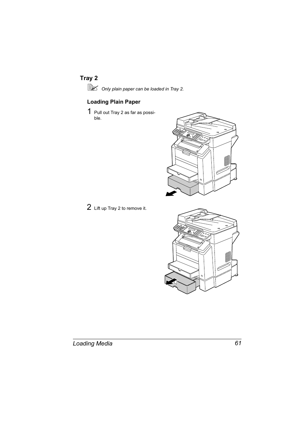 Tray 2, Loading plain paper, Tray 2 61 | Loading plain paper 61 | Konica Minolta bizhub C10X User Manual | Page 75 / 236