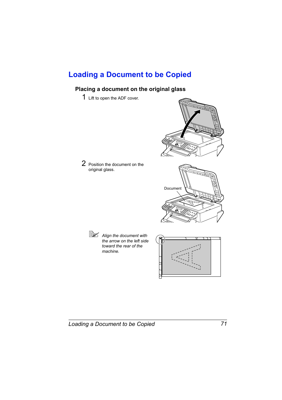 Loading a document to be copied, Placing a document on the original glass, Loading a document to be copied 71 | Placing a document on the original glass 71 | Konica Minolta bizhub C10X User Manual | Page 85 / 236