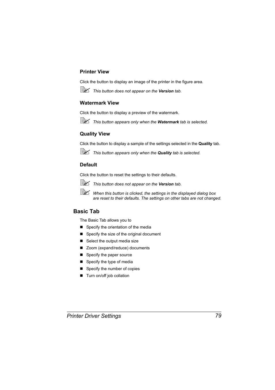 Printer view, Watermark view, Quality view | Default, Basic tab, Basic tab 79 | Konica Minolta bizhub C10X User Manual | Page 93 / 236