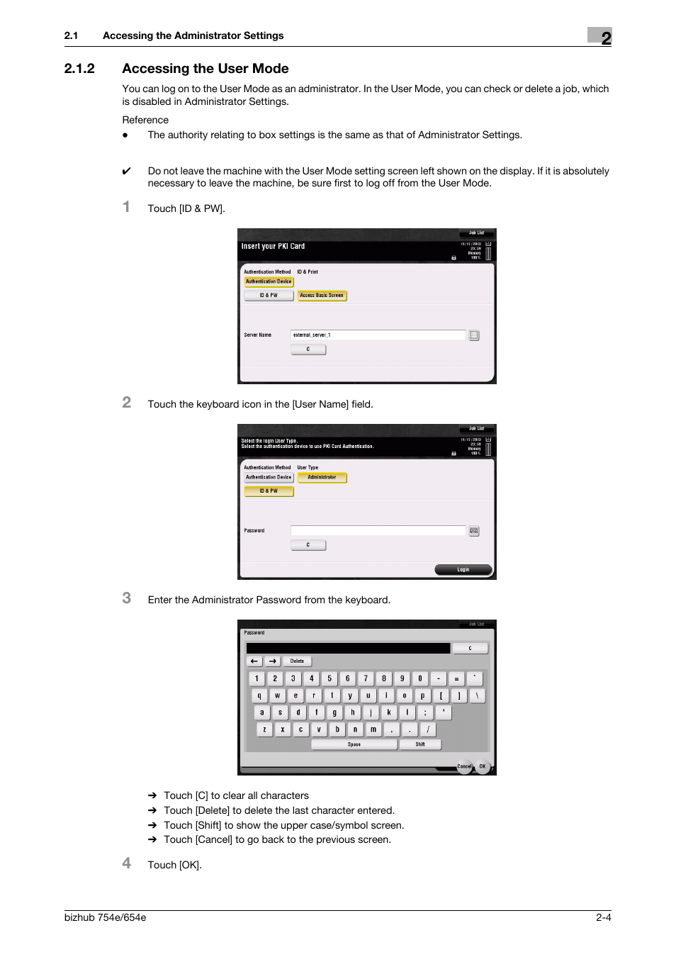 2 accessing the user mode, Accessing the user mode -4 | Konica Minolta bizhub 654e User Manual | Page 17 / 58