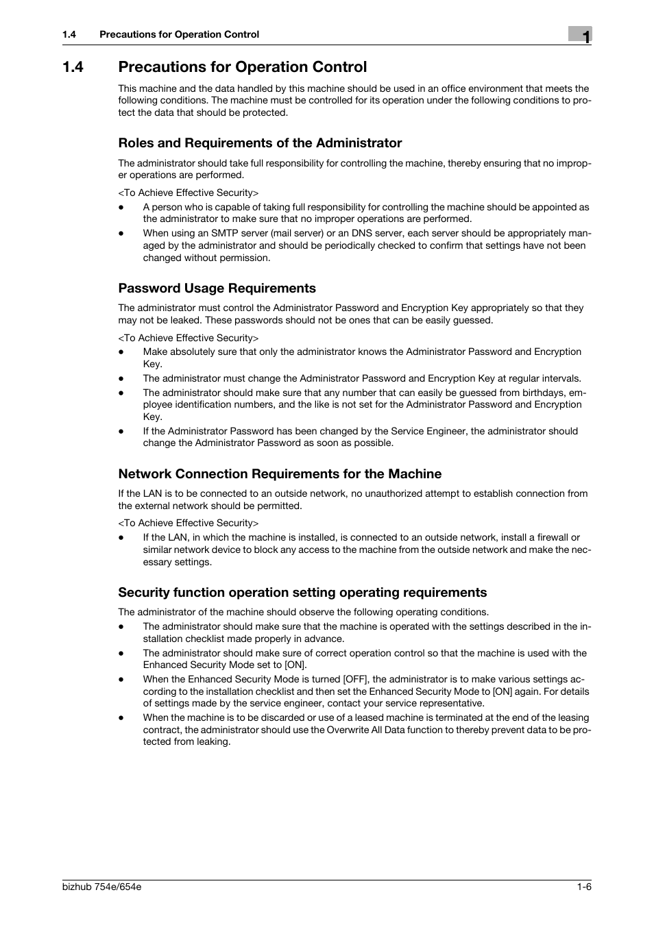 4 precautions for operation control, Roles and requirements of the administrator, Password usage requirements | Network connection requirements for the machine | Konica Minolta bizhub 654e User Manual | Page 9 / 58