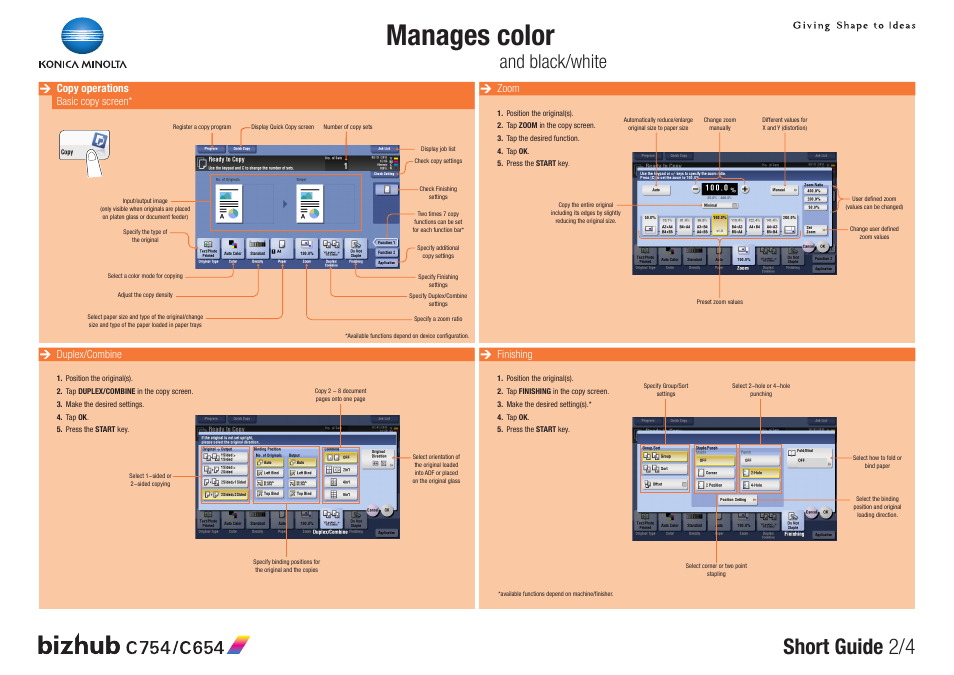 Manages color, Short guide 2/4, And black/white | Duplex/combine, Finishing, Zoom, Copy operations basic copy screen | Konica Minolta bizhub C654 User Manual | Page 2 / 4