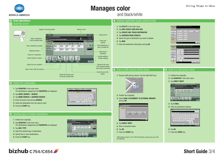 Manages color, Short guide 3/4, And black/white | Konica Minolta bizhub C654 User Manual | Page 3 / 4